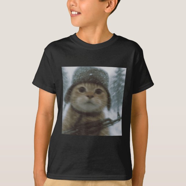 Wacky Cat Snow Kitten Soldier Selfie With Gun Meme T-Shirt (Front)