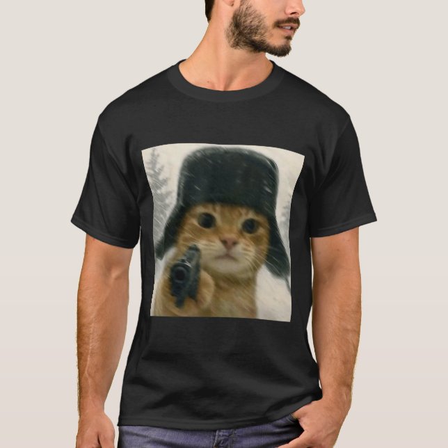 Wacky Cat Wearing Ushanka Hat Russian Meme Cat Hum T-Shirt (Front)