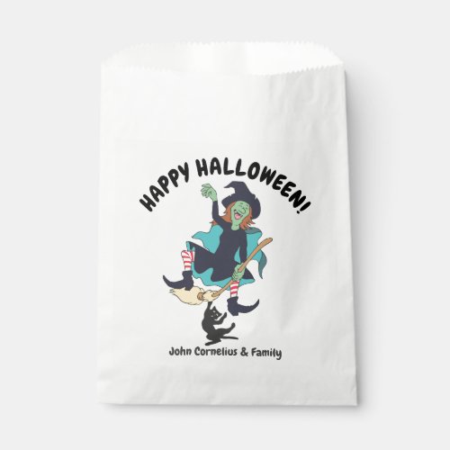 Wacky Green Witch with Black Cat Halloween Favor Bag