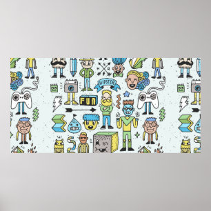 Wacky hipsters doodle set 2. Colorful vintage hand Poster