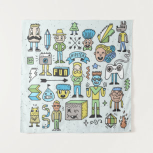Wacky hipsters doodle set 2. Colorful vintage hand Tapestry