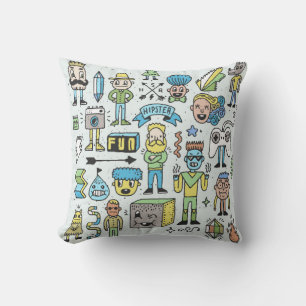 Wacky hipsters doodle set 2. Colorful vintage hand Throw Pillow