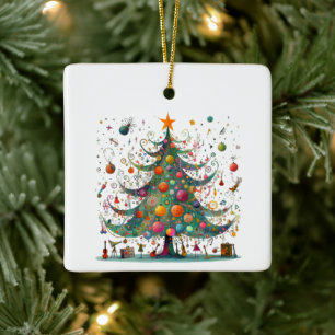 Wacky Whimsical Christmas Tree, Bright Colors Ceramic Ornament
