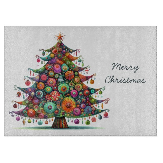 Wacky Whimsical Christmas Tree, Bright Colors, Cutting Board (Front)