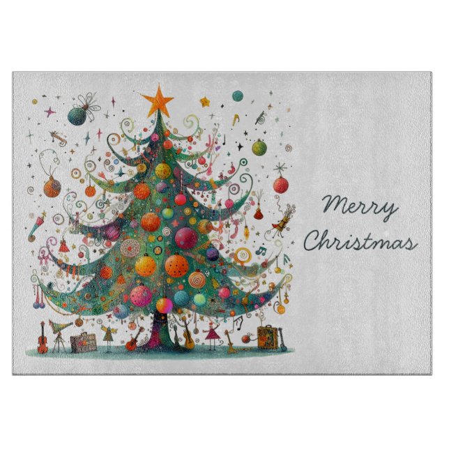 Wacky Whimsical Christmas Tree, Bright Colors, Cutting Board (Front)