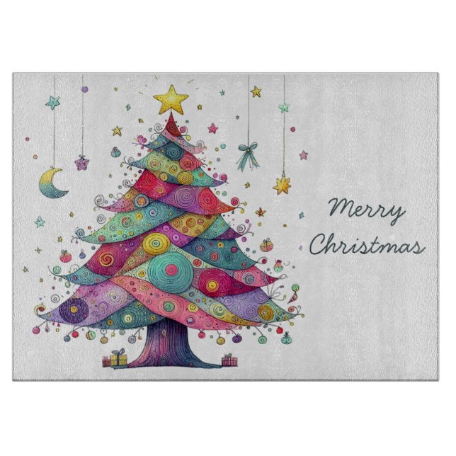 Wacky Whimsical Christmas Tree, Bright Colors, Cutting Board (Front)