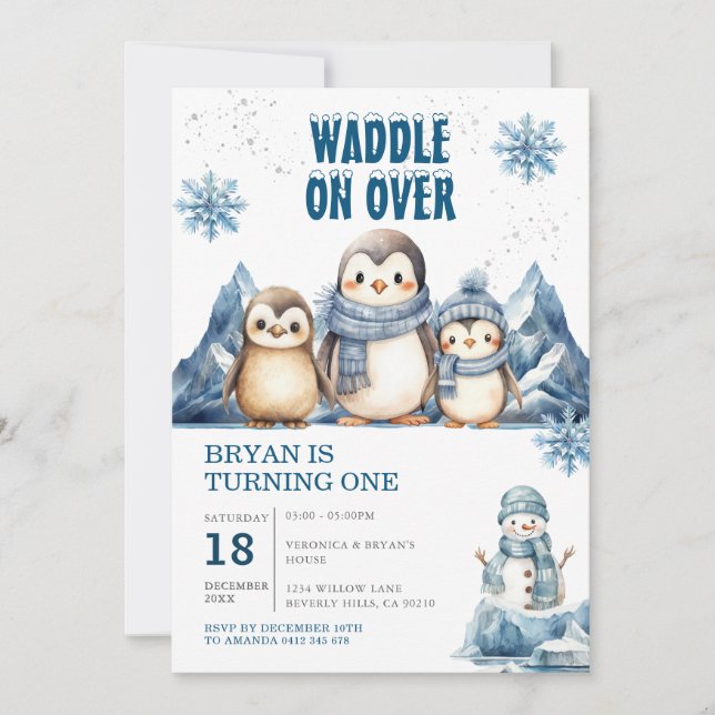 Waddle on Over Penguins Arctic Animals Birthday Invitation (Front)