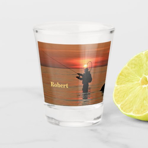 Wade Fishing At Sunset Personalized Shot Glass