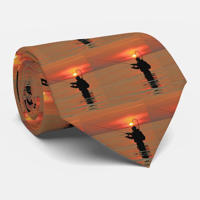 Wade Fishing Man Water Sunset Neck Tie (Rolled)