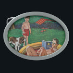 Wading Pool Oval Belt Buckle<br><div class="desc">Artist: Amos Sewell | Angry boy stares at dad relaxing in his wading pool</div>