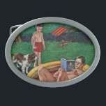 Wading Pool Oval Belt Buckle<br><div class="desc">Artist: Amos Sewell | Angry boy stares at dad relaxing in his wading pool</div>