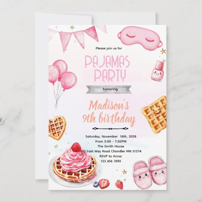 Waffle and Pajama birthday party invitation (Front)