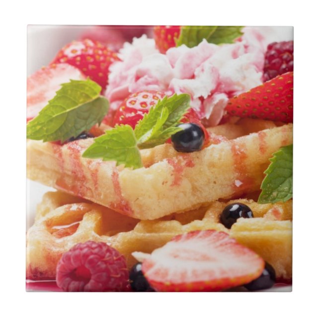 Waffle cake with fresh berry fruit ceramic tile (Front)