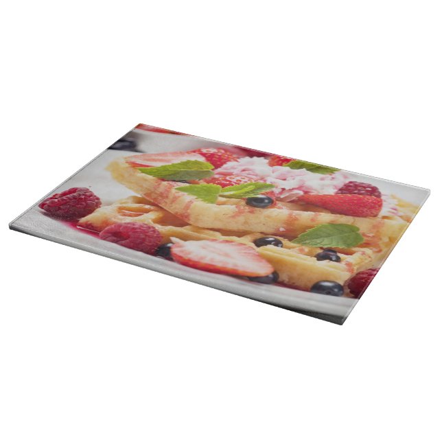 Waffle cake with fresh berry fruit cutting board (Corner)