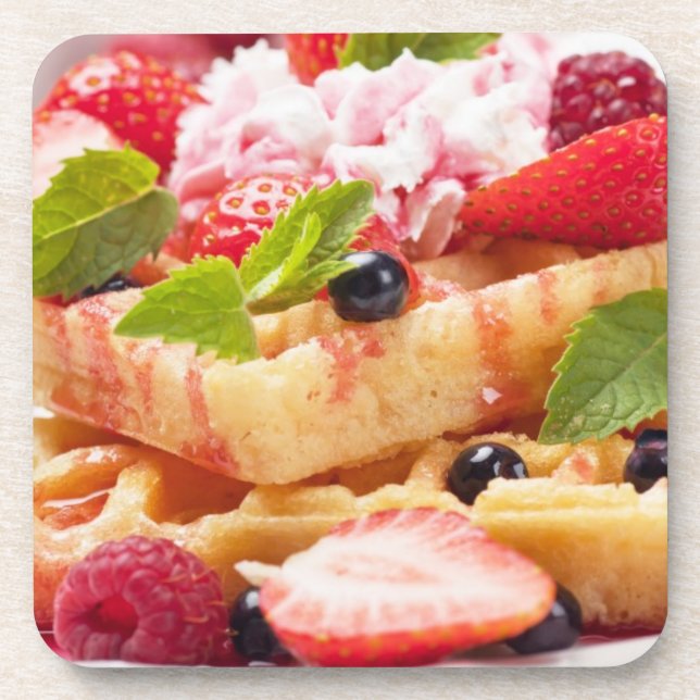 Waffle cake with fresh berry fruit drink coaster (Front)