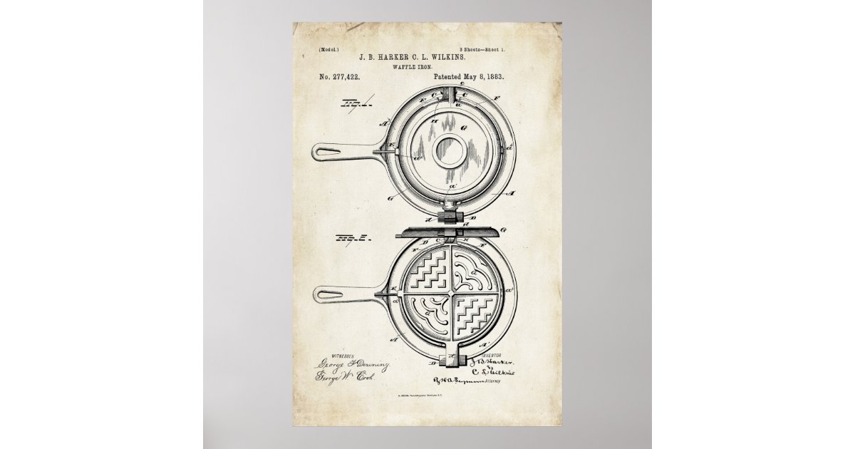 Waffle Iron Patent Print Poster 1883 Zazzle
