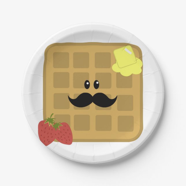 Waffle Mustache Man with Strawberries Paper Plate (Front)