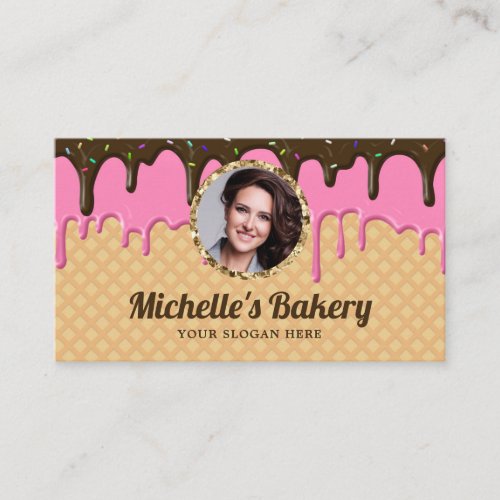 Waffle Pink Frosting Drip Pastry Chef Photo Bakery Business Card