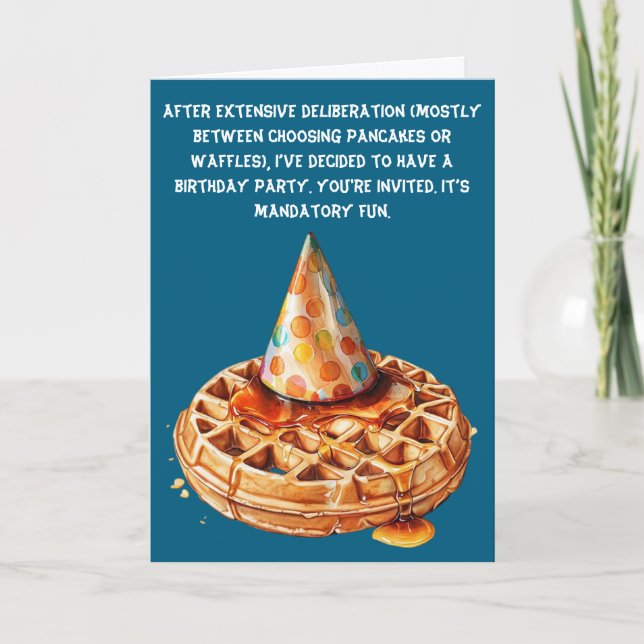 Waffle-Themed Satirical Birthday Bash Invitation (Front)