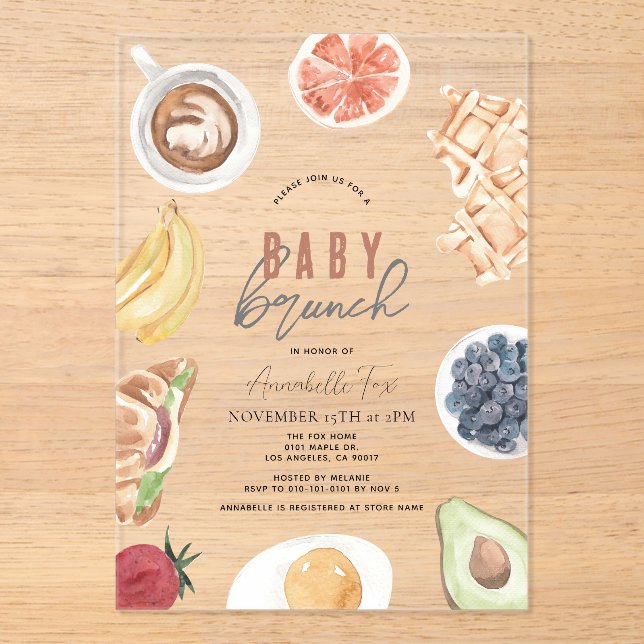 Waffles Coffee Fruits Watercolor Baby Brunch Acrylic Invitations (Front)