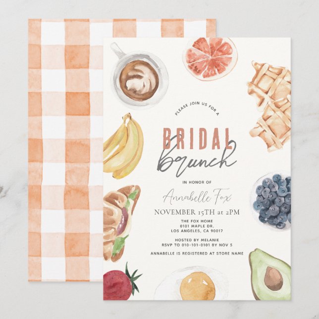 Waffles Coffee Fruits Watercolor Bridal Brunch Invitation (Front/Back)