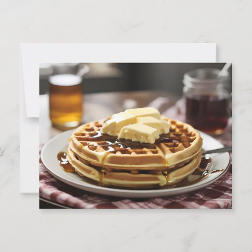 Waffles on plate with syrup and button ontop postcard