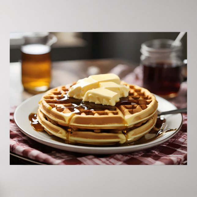 Waffles on plate with syrup and button ontop poster (Front)