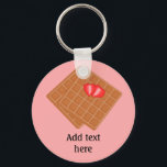 Waffles with strawberry fun graphic - custom text  keychain<br><div class="desc">Love waffles? This cute design has a cut heart-shaped strawberry topping the waffle pair. If this is your fave breakfast food, fresh from the iron and ready to eat (maybe add a squirt of cream?) then go ahead and add your name or other personalization. If you'd like a different background...</div>