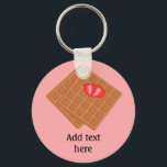 Waffles with strawberry fun graphic - custom text  keychain<br><div class="desc">Love waffles? This cute design has a cut heart-shaped strawberry topping the waffle pair. If this is your fave breakfast food, fresh from the iron and ready to eat (maybe add a squirt of cream?) then go ahead and add your name or other personalization. If you'd like a different background...</div>
