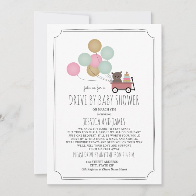 Wagon Bear Balloons Drive By Baby Shower Girl Invitation (Front)