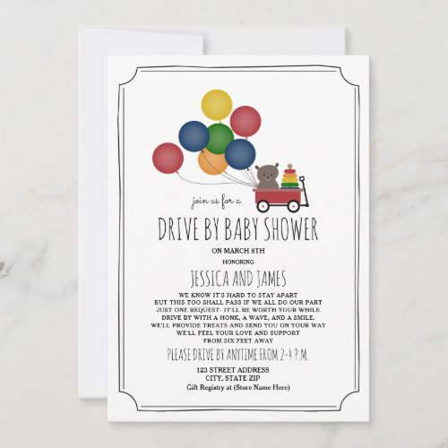 Wagon Bear Balloons Drive By Baby Shower Neutral Invitation