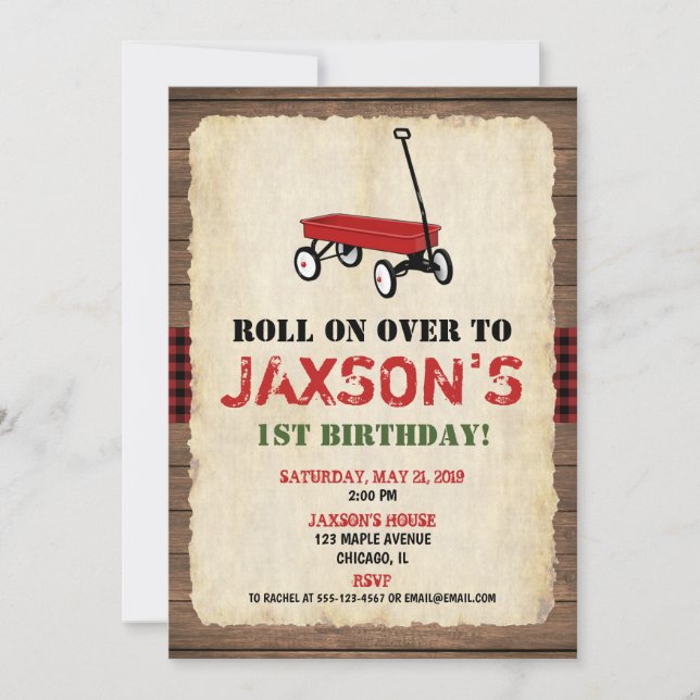 Wagon birthday invitations, boy 1st birthday invitation (Front)