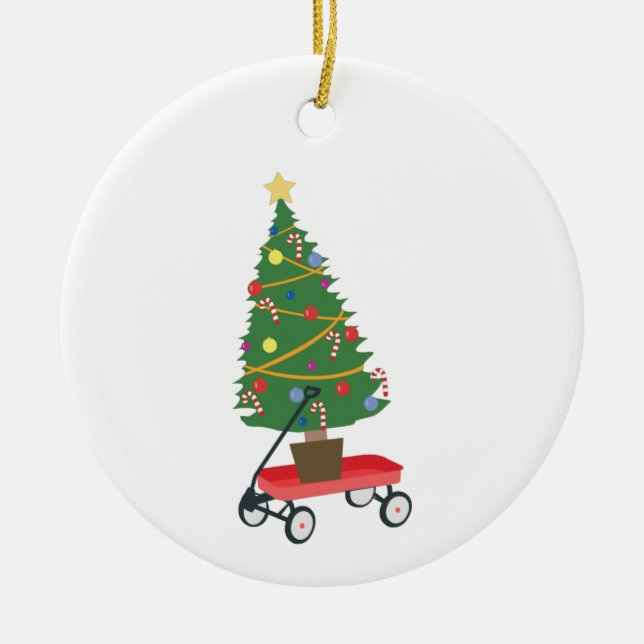 Wagon Christmas Tree Ceramic Ornament (Front)