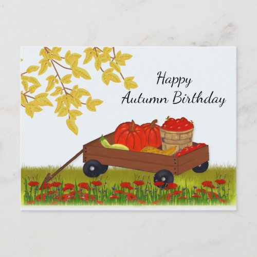Wagon Filled with Fall Produce Autumn Birthday Postcard