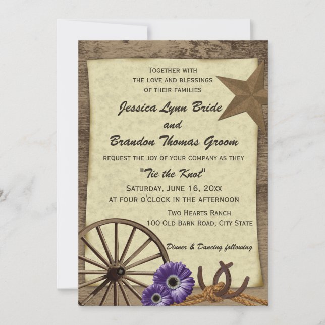 Wagon Wheel and Barn Wood Country Wedding Invitation (Front)