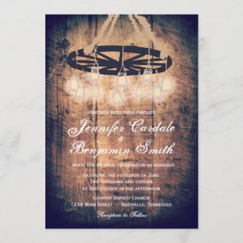 Wagon Wheel Mason Jar Chandelier Wedding Invites by RusticCountryWedding at Zazzle