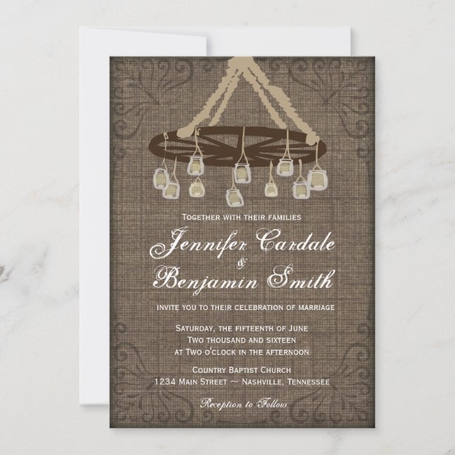 Wagon Wheel Mason Jar Chandelier Wedding Invites (Front)