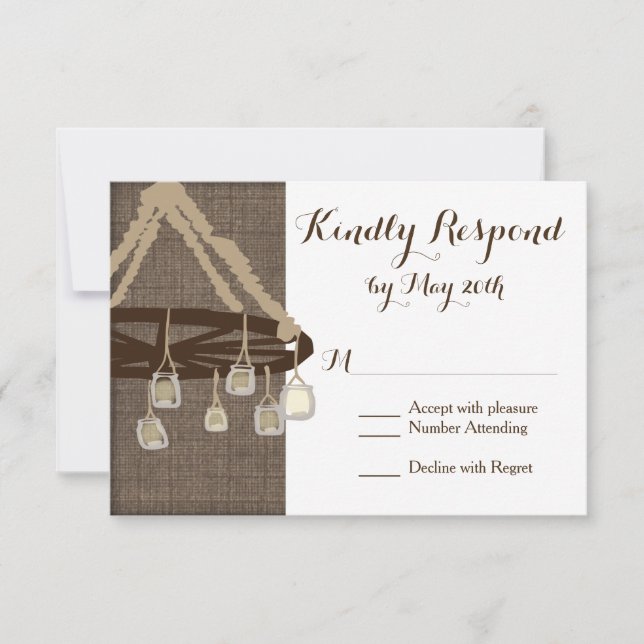 Wagon Wheel Mason Jar Chandelier Wedding RSVP Card (Front)