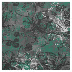 Wahine Lace Hawaiian Orchid Collage- Hunter Green Fabric