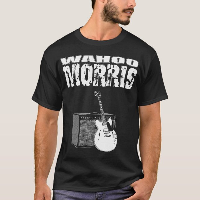 Wahoo Morris T, White on Black: Guitar & Amp T-Shirt (Front)