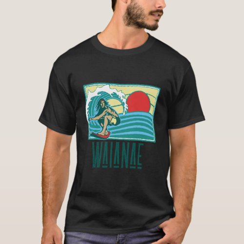 Waianae Hawaii Vintage Surfer Wave Retro Graphic T_Shirt