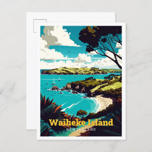 Waiheke Island NZ Travel Art Vintage Illustration Postcard