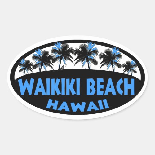 Waikiki Beach Hawaii blue black palms oval sticker