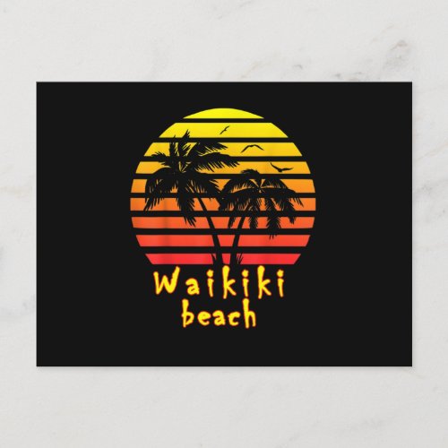 Waikiki beach hawaii honolulu vintage sunset palm postcard
