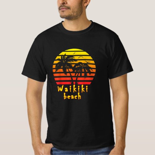 Waikiki beach hawaii honolulu vintage sunset palm T_Shirt