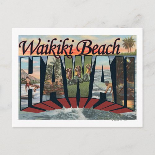 Waikiki Beach Hawaii _ Large Letter Scenes Postcard