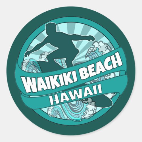 Waikiki Beach Hawaii teal surfer logo stickers