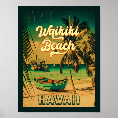 Waikiki Beach Hawaii Vintage Palm Trees Souvenir Poster