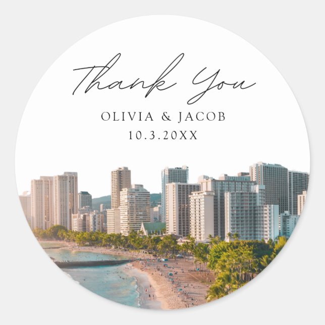 Waikiki Beach Hawaii Wedding Favor Photo Thank You Classic Round Sticker (Front)