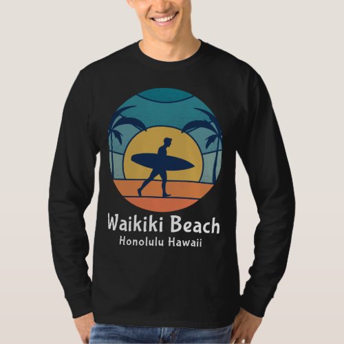 Waikiki Beach Honolulu Hawaii Surfing Surfer Vinta T_Shirt